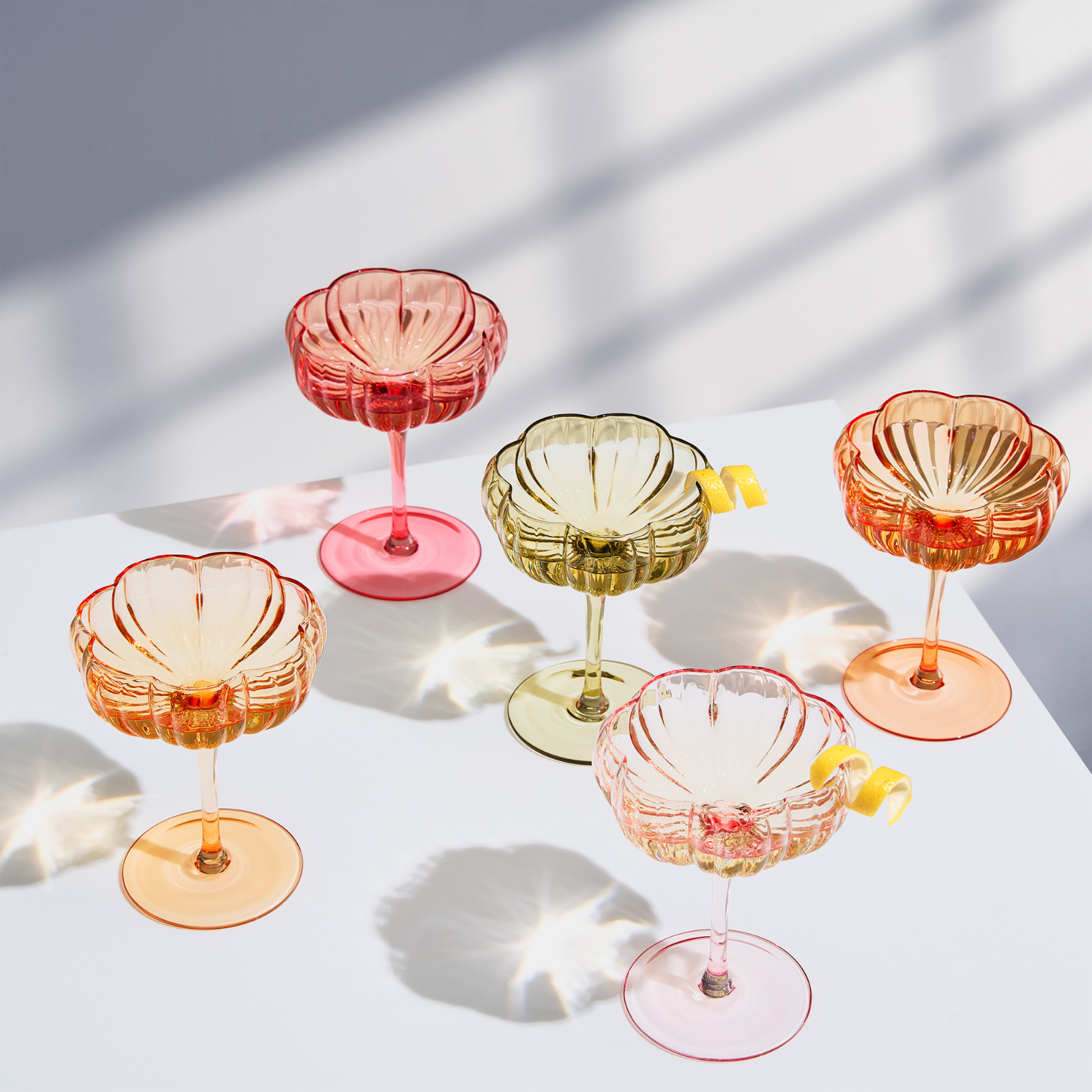 Flower Coupe Cocktail Glasses, Set of 5 - Bright Colors