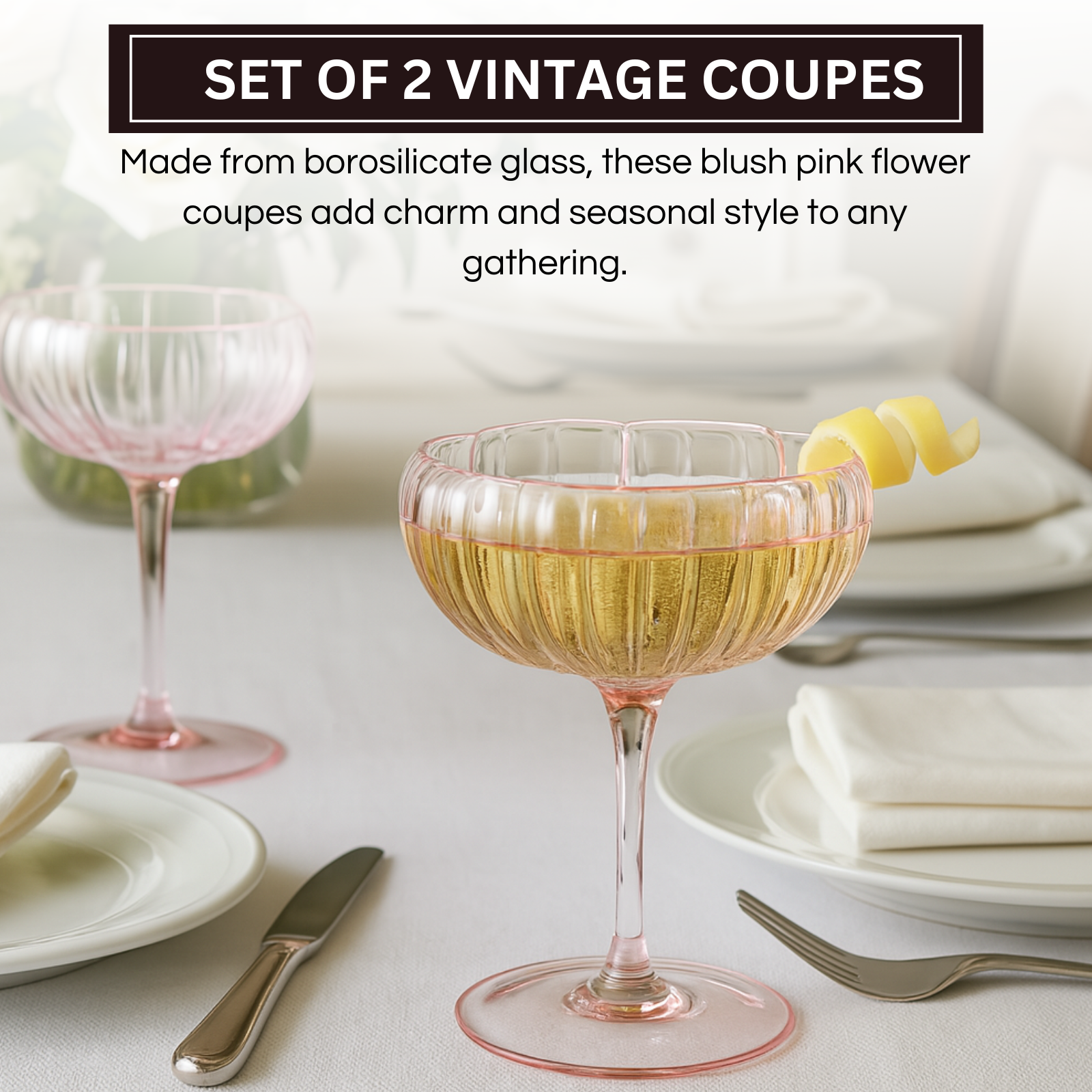 Flower Coupe Cocktail Colored Glasses | Set of 2 | Blush Pink