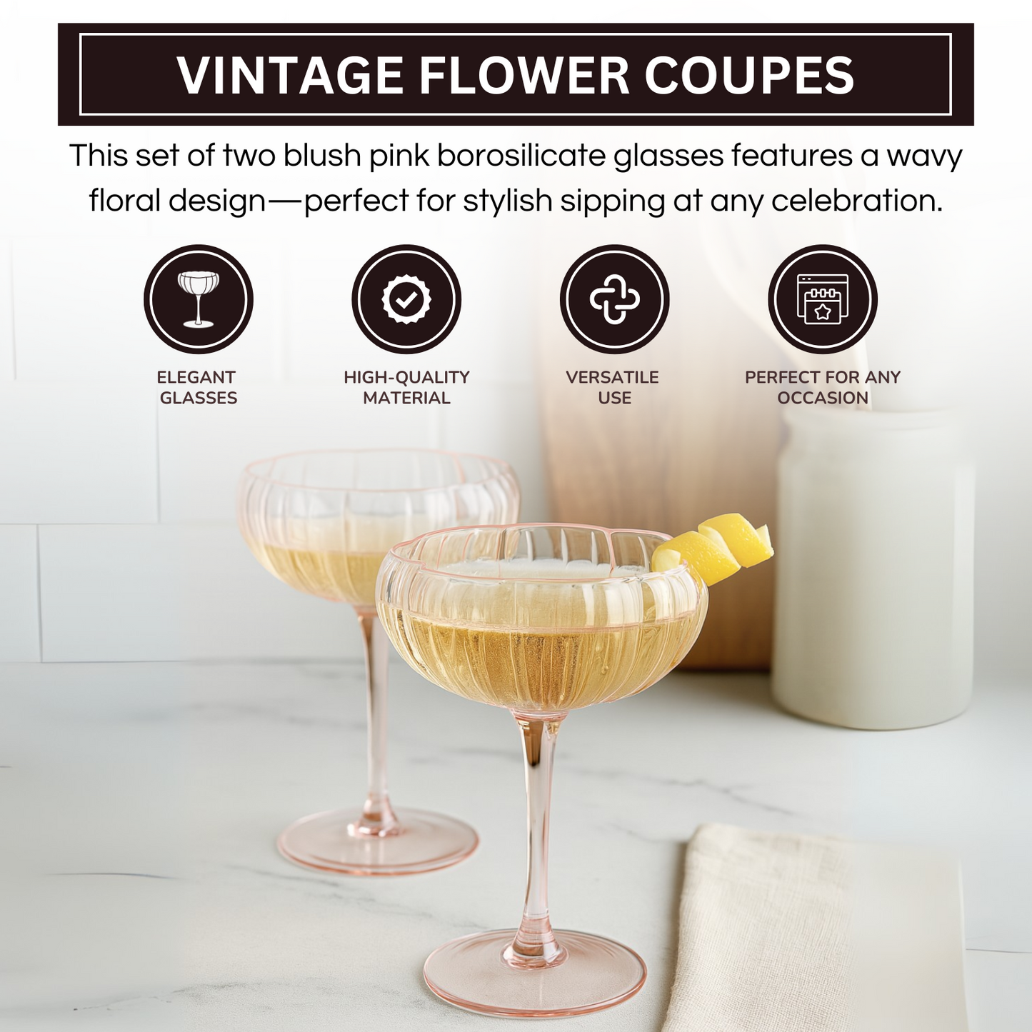 Flower Coupe Cocktail Colored Glasses | Set of 2 | Blush Pink