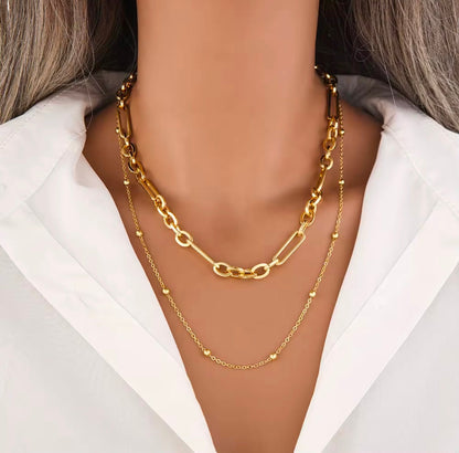 Double Layered Charm Bar Necklaces - Mixed Link 18k
