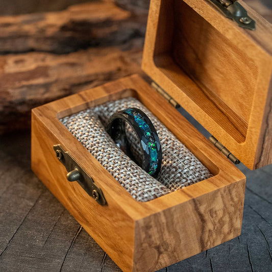 Green Opal x Meteorite Black Hammered Tungsten Carbide Ring - 6mm