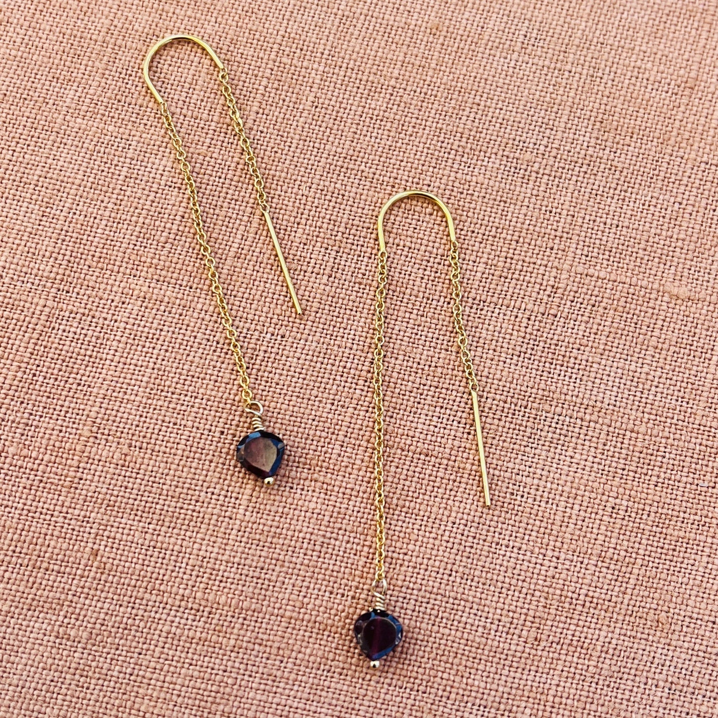 GARNET HEART THREADER EARRINGS