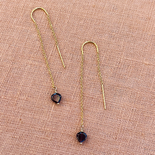 GARNET HEART THREADER EARRINGS