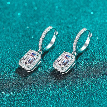 S925 Emerald Cut Moissanite Halo Earrings with Pave Band, 1-2ct Rectangle White Moissanite Sterling Silver, Engagement Wedding Drop Dangle