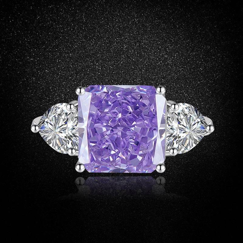 Multicolor Ice Flower Cut Square CZ Adjustable Ring, 10*10mm 8A Main Cubic Zirconia, Two Heart Side CZ, Dainty Luxe