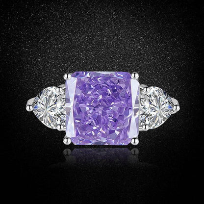 Multicolor Ice Flower Cut Square CZ Adjustable Ring, 10*10mm 8A Main Cubic Zirconia, Two Heart Side CZ, Dainty Luxe