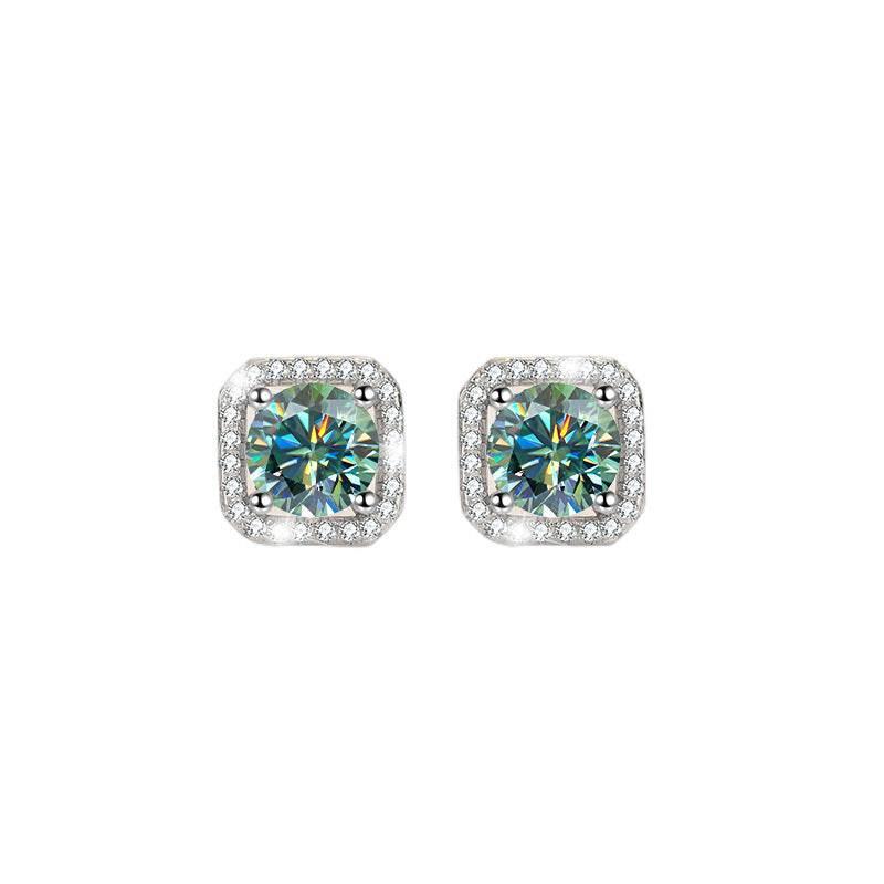 S925 Colorful Moissanite/CZ Square Halo Earrings, 0.5-1ct D-Grade VVS Certificate, Hypoallergenic Sterling Silver Jewelry Gift