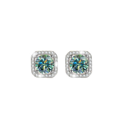 S925 Colorful Moissanite/CZ Square Halo Earrings, 0.5-1ct D-Grade VVS Certificate, Hypoallergenic Sterling Silver Jewelry Gift