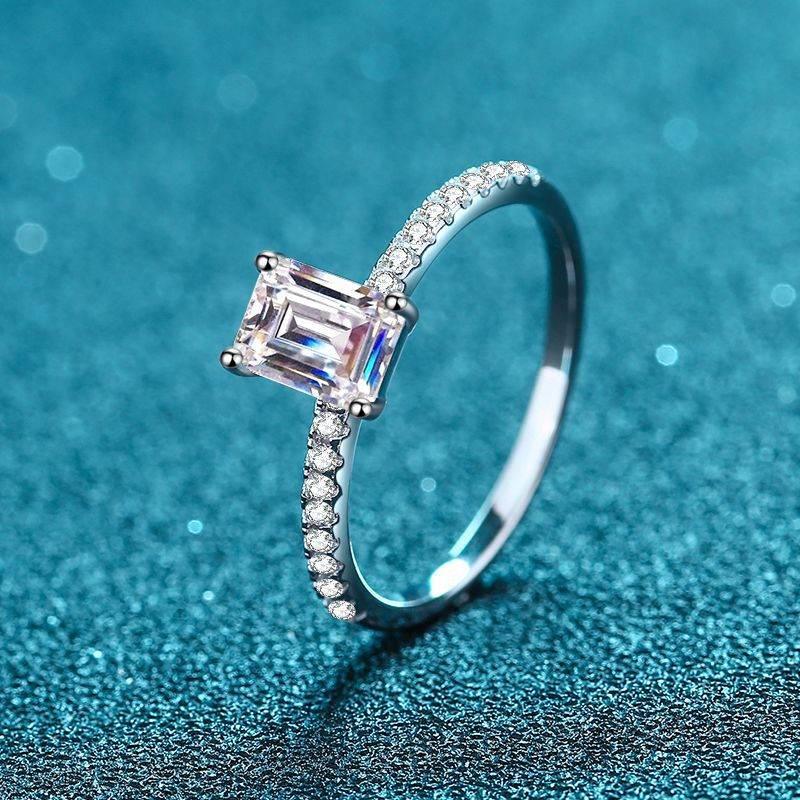 S925 Emerald Cut Moissanite Engagement Ring, Sterling Silver Promise Ring with Pavé Band, Dainty CZ Bridal Wedding Jewelry, Gift for Her