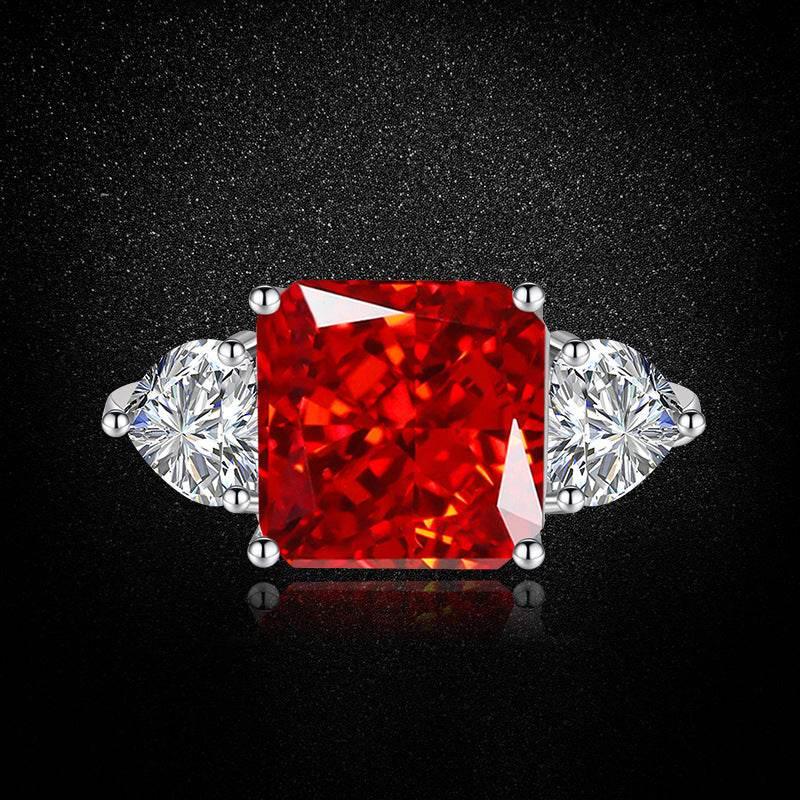 Multicolor Ice Flower Cut Square CZ Adjustable Ring, 10*10mm 8A Main Cubic Zirconia, Two Heart Side CZ, Dainty Luxe