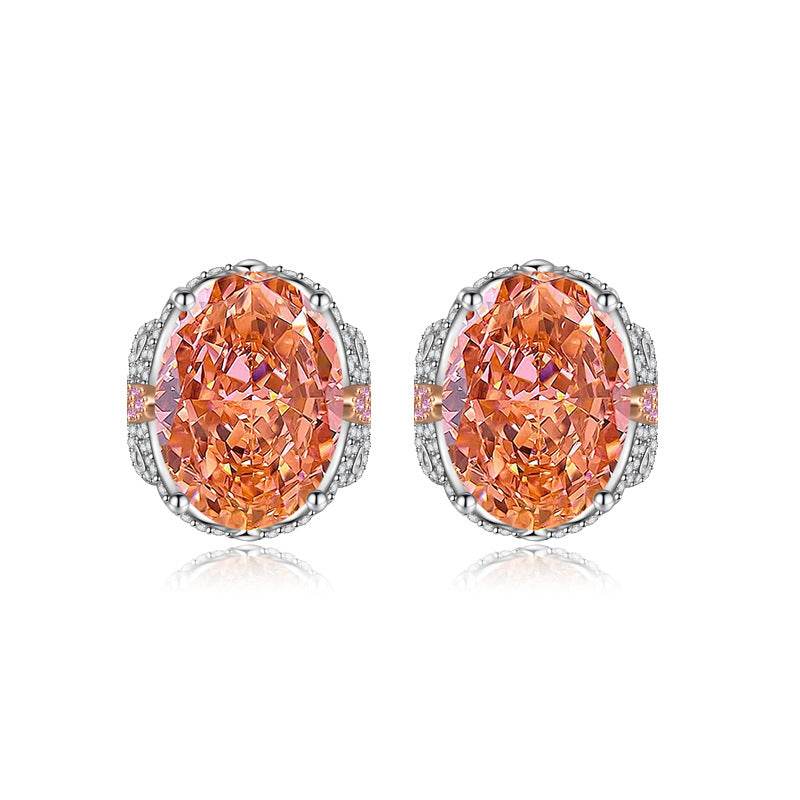 Multicolor Ice Flower Cut Oval CZ Stud Earrings, 7*9mm 8A Cubic Zirconia, S925 Silver Needle, Two-Tone Pave CZ Halo, Dainty Luxe