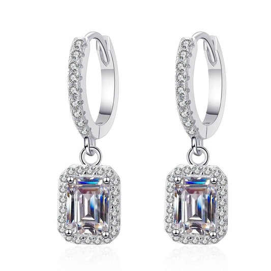 S925 Emerald Cut Moissanite Halo Earrings with Pave Band, 1-2ct Rectangle White Moissanite Sterling Silver, Engagement Wedding Drop Dangle