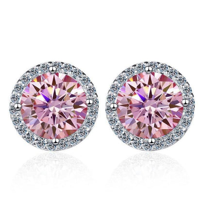 S925 Sakura Pink Moissanite Halo Stud Earrings, Sterling Silver D-Grade VVS Round-Cut Certificated Moissanite Jewelry for Men & Women, Simple & Stylish Gift for Wedding, Birthday, Anniversary