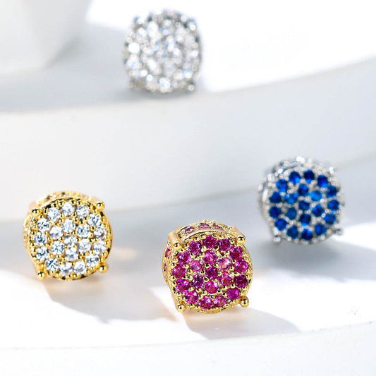 Multicolor Iced Out CZ Micro Pave Round Stud Earrings for Men Women, Hiphop 4-Prong 5A Cubic Zirconia Bling Fashion Studs, 14k White Gold Post