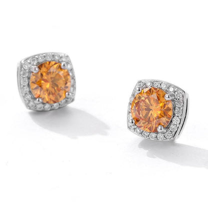 S925 Magnetic Multicolor Moissanite Square Halo Stud Earrings for Men Women,  0.5/1ct Round Cut, Inlaid Magnetic Earrings Non-Piercing Clip On Stud Earring