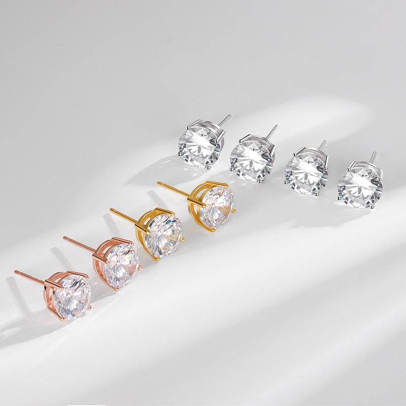 S925 Dazzling Classic 4-Prong CZ Stud Earrings, 2-8mm Round Cubic Zirconia Sterling Silver Earrings, 4 Color Options, Unisex Men Women Daily