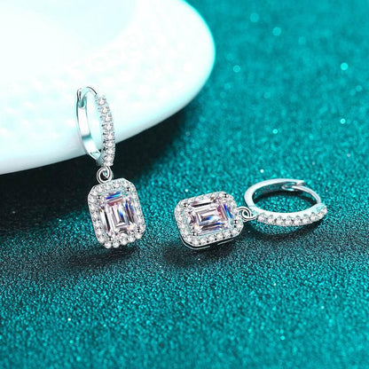 S925 Emerald Cut Moissanite Halo Earrings with Pave Band, 1-2ct Rectangle White Moissanite Sterling Silver, Engagement Wedding Drop Dangle