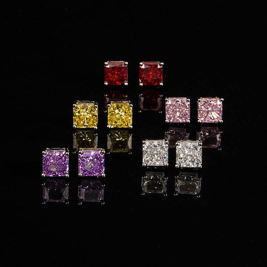 Multicolor Ice Flower Cut Square CZ Stud Earrings, 7*7mm 5A Cubic Zirconia, Dainty Luxe