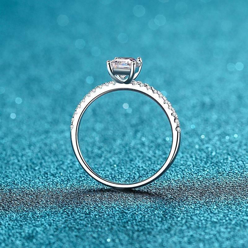 S925 Emerald Cut Moissanite Engagement Ring, Sterling Silver Promise Ring with Pavé Band, Dainty CZ Bridal Wedding Jewelry, Gift for Her