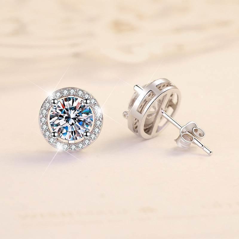 S925 White Moissanite Halo Stud Earrings, Sterling Silver D-Grade VVS Round-Cut Certificated Moissanite Jewelry for Men & Women, Simple & Stylish Gift for Wedding, Birthday, Anniversary
