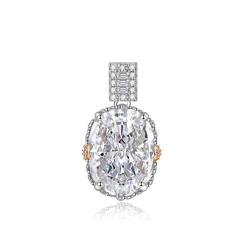 Multicolor Ice Flower Cut Oval CZ Pendant Necklace, 10*14mm 8A Cubic Zirconia, Two-Tone Pave CZ Halo with Pavé Top Frame, Adjustable Chain, Dainty Luxe