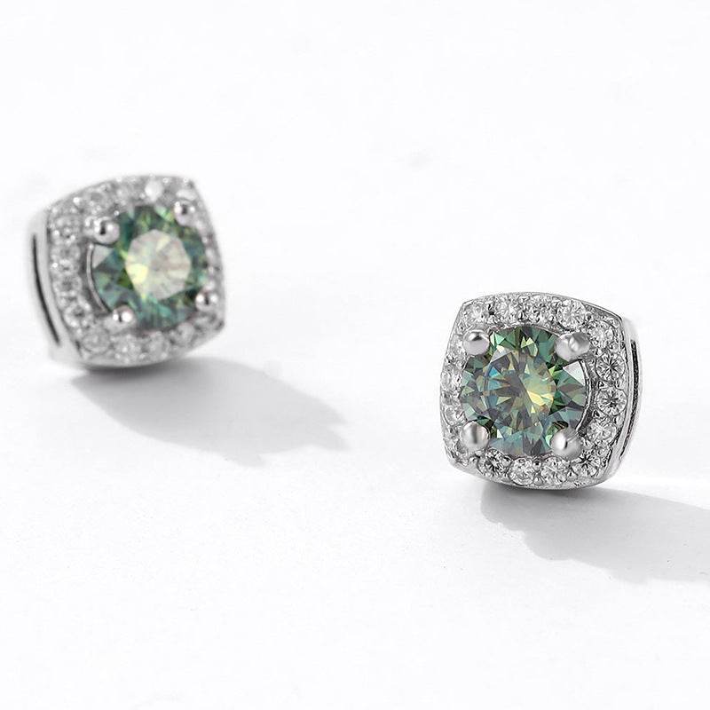 S925 Magnetic Multicolor Moissanite Square Halo Stud Earrings for Men Women,  0.5/1ct Round Cut, Inlaid Magnetic Earrings Non-Piercing Clip On Stud Earring