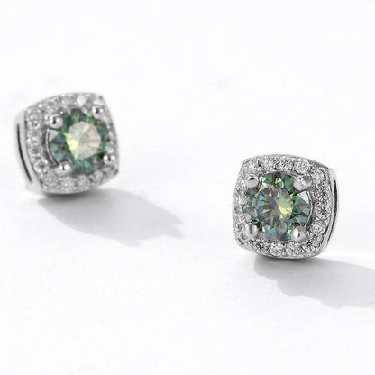 S925 Magnetic Multicolor Moissanite Square Halo Stud Earrings for Men Women,  0.5/1ct Round Cut, Inlaid Magnetic Earrings Non-Piercing Clip On Stud Earring