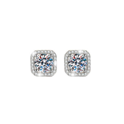 S925 Colorful Moissanite/CZ Square Halo Earrings, 0.5-1ct D-Grade VVS Certificate, Hypoallergenic Sterling Silver Jewelry Gift