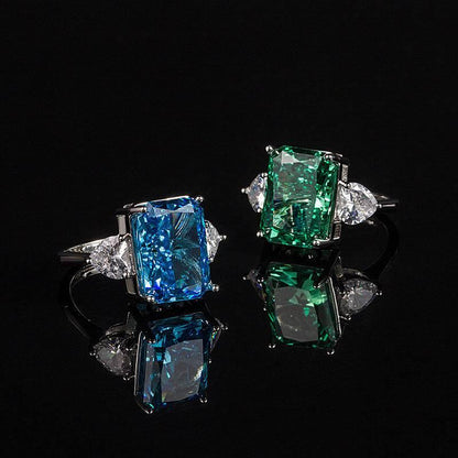 Multicolor Ice Flower Cut CZ Adjustable Ring, 10*14mm 5A Main Cubic Zirconia, Two Heart Side CZ, Dainty Luxe