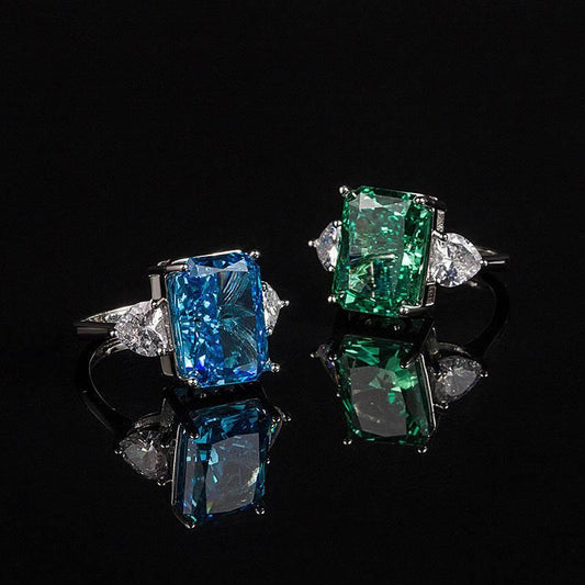 Multicolor Ice Flower Cut CZ Adjustable Ring, 10*14mm 5A Main Cubic Zirconia, Two Heart Side CZ, Dainty Luxe