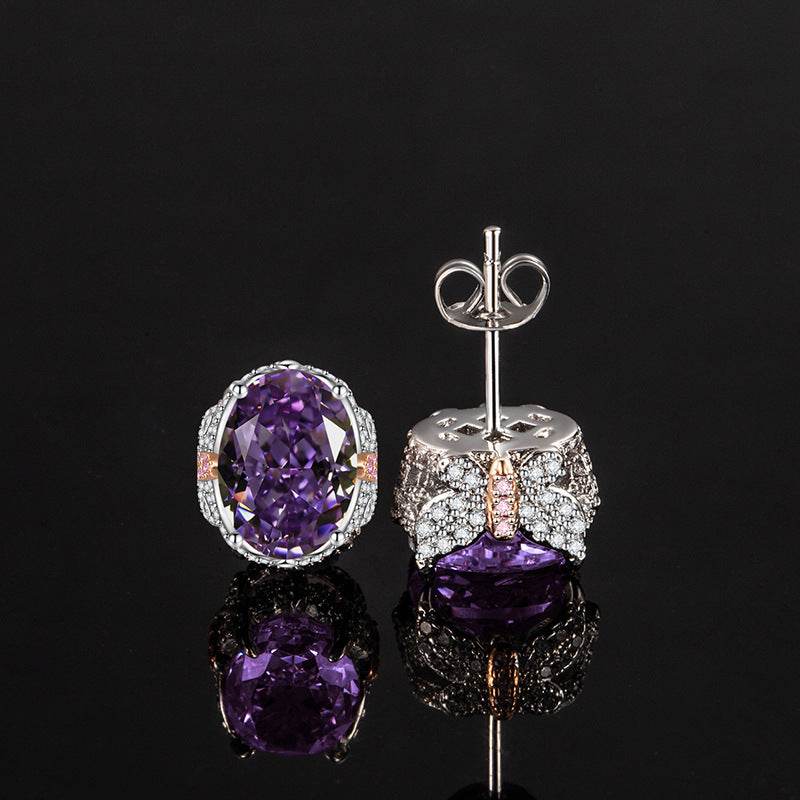 Multicolor Ice Flower Cut Oval CZ Stud Earrings, 7*9mm 8A Cubic Zirconia, S925 Silver Needle, Two-Tone Pave CZ Halo, Dainty Luxe