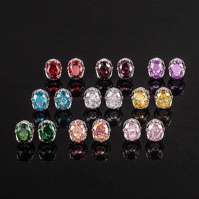 Multicolor Ice Flower Cut Oval CZ Stud Earrings, 7*9mm 8A Cubic Zirconia, S925 Silver Needle, Two-Tone Pave CZ Halo, Dainty Luxe