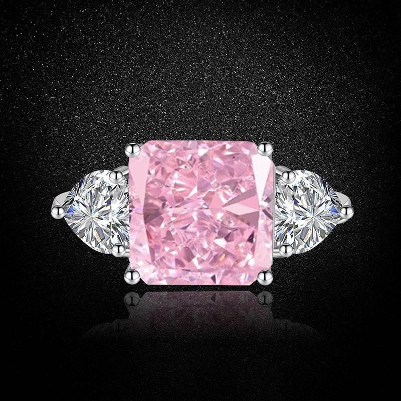 Multicolor Ice Flower Cut Square CZ Adjustable Ring, 10*10mm 8A Main Cubic Zirconia, Two Heart Side CZ, Dainty Luxe