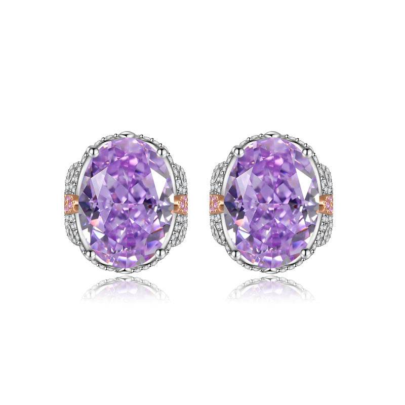 Multicolor Ice Flower Cut Oval CZ Stud Earrings, 7*9mm 8A Cubic Zirconia, S925 Silver Needle, Two-Tone Pave CZ Halo, Dainty Luxe