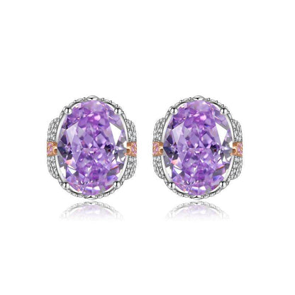 Multicolor Ice Flower Cut Oval CZ Stud Earrings, 7*9mm 8A Cubic Zirconia, S925 Silver Needle, Two-Tone Pave CZ Halo, Dainty Luxe
