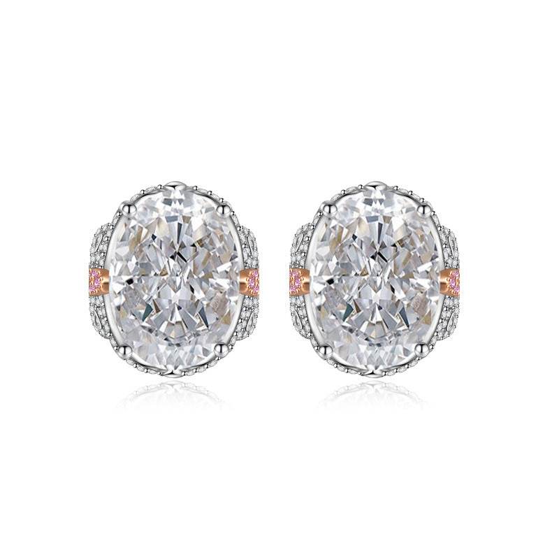 Multicolor Ice Flower Cut Oval CZ Stud Earrings, 7*9mm 8A Cubic Zirconia, S925 Silver Needle, Two-Tone Pave CZ Halo, Dainty Luxe