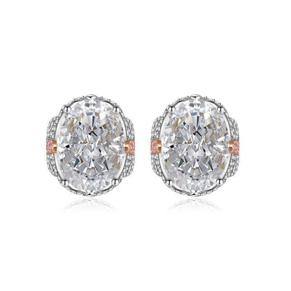 Multicolor Ice Flower Cut Oval CZ Stud Earrings, 7*9mm 8A Cubic Zirconia, S925 Silver Needle, Two-Tone Pave CZ Halo, Dainty Luxe