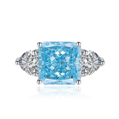 Multicolor Ice Flower Cut Square CZ Adjustable Ring, Blue & Green 10*10mm 8A Main Cubic Zirconia, Two Heart Side CZ, Dainty Luxe