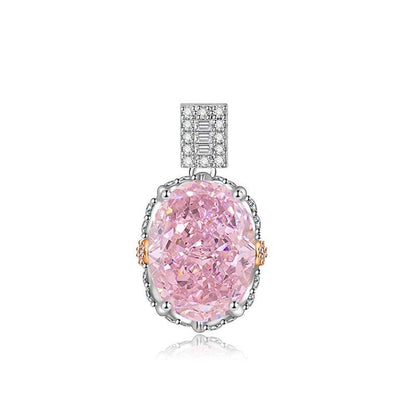 Multicolor Ice Flower Cut Oval CZ Pendant Necklace, 10*14mm 8A Cubic Zirconia, Two-Tone Pave CZ Halo with Pavé Top Frame, Adjustable Chain, Dainty Luxe