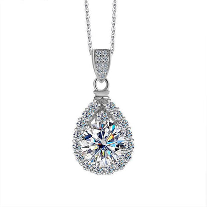 S925 High Carbon CZ Teardrop Halo Pendant Necklace with Pavé Top Frame, 6-11mm Cubic Zirconia, Sterling Silver Pear Shape Pendant for Her