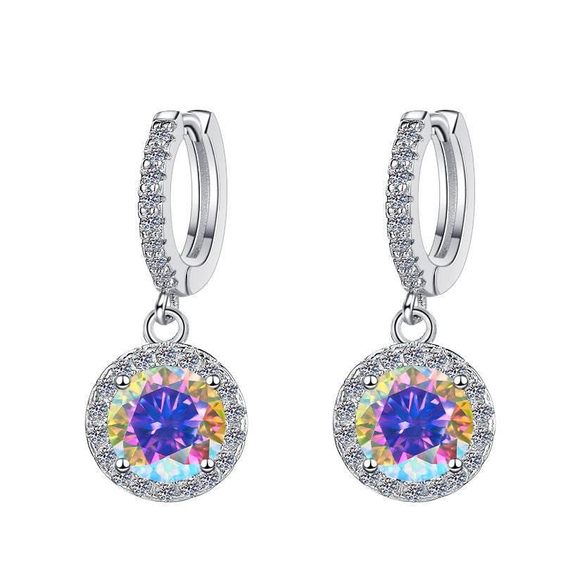 S925 Colorful Moissanite/CZ Round Halo Drop Earrings, 1ct D-Grade VVS Certificate, Hypoallergenic Sterling Silver Gift