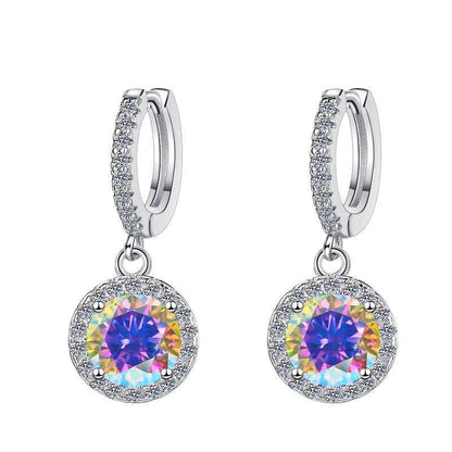 S925 Colorful Moissanite/CZ Round Halo Drop Earrings, 1ct D-Grade VVS Certificate, Hypoallergenic Sterling Silver Gift