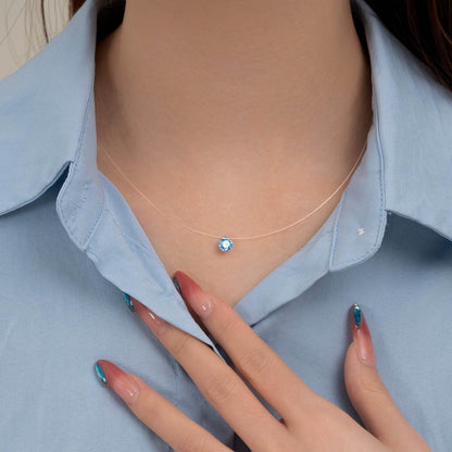 S925 Multicolor Mermaid Tear Floating CZ Necklace, Sterling Silver Invisible Fishing Line 6-8mm Cubic Zirconia Pendant, 40+5cm Adjustable Dainty Minimalist Choker