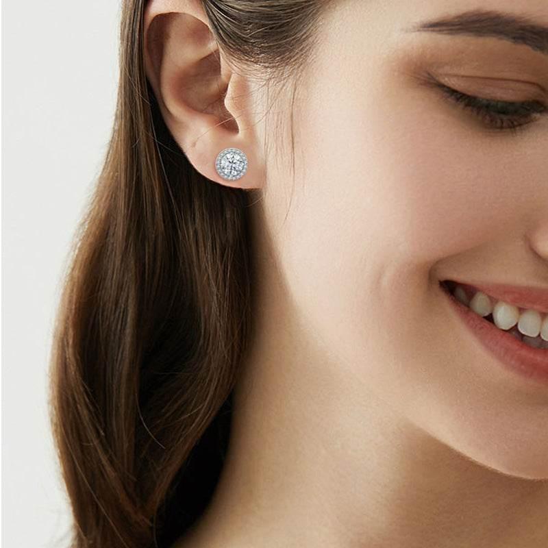 S925 Multicolor Moissanite Round Halo Stud Earrings with Threaded Needle, 8 Color Options, 0.1-3ct D-Grade VVS, Sterling Silver Jewelry for Men Women