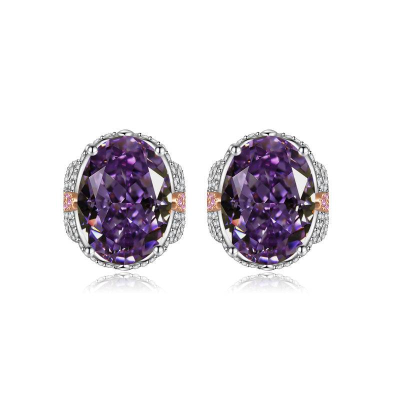 Multicolor Ice Flower Cut Oval CZ Stud Earrings, 7*9mm 8A Cubic Zirconia, S925 Silver Needle, Two-Tone Pave CZ Halo, Dainty Luxe