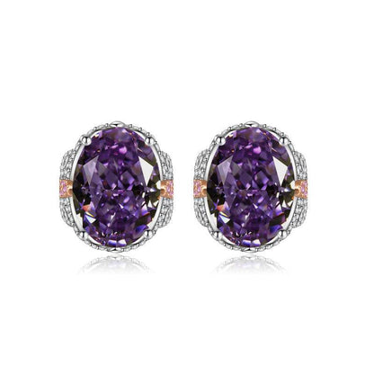 Multicolor Ice Flower Cut Oval CZ Stud Earrings, 7*9mm 8A Cubic Zirconia, S925 Silver Needle, Two-Tone Pave CZ Halo, Dainty Luxe