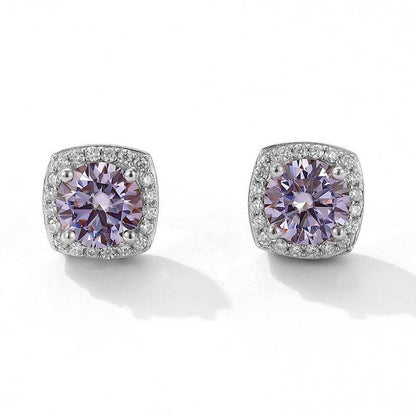 S925 Magnetic Multicolor Moissanite Square Halo Stud Earrings for Men Women,  0.5/1ct Round Cut, Inlaid Magnetic Earrings Non-Piercing Clip On Stud Earring