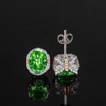 Multicolor Ice Flower Cut Oval CZ Stud Earrings, 7*9mm 8A Cubic Zirconia, S925 Silver Needle, Two-Tone Pave CZ Halo, Dainty Luxe