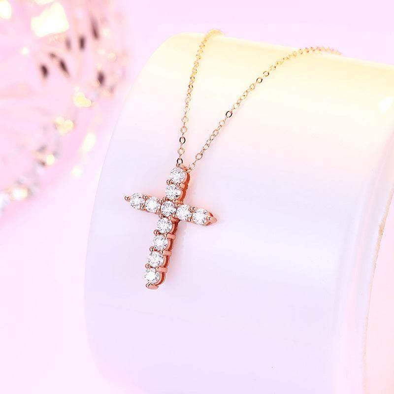 S925 Moissanite Cross Necklace, 3 Color Options, 11 Stones 0.1-0.5ct VVS, Dainty Luxe Clavicle Pendant, Sterling Silver Jewelry