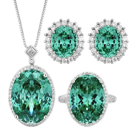 Nest Cut Para Green Oval CZ Halo Jewelry Set, 5A Cubic Zirconia, White Gold Necklace, Earrings, Adjustable Ring, Dainty Luxe